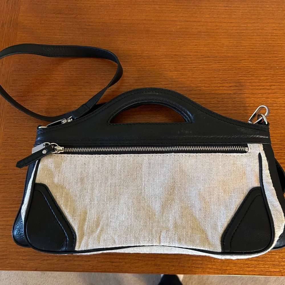 Foley & Corinna Handbag Clutch Beige Canvas Black‎ Leather Shoulder Strap Purse